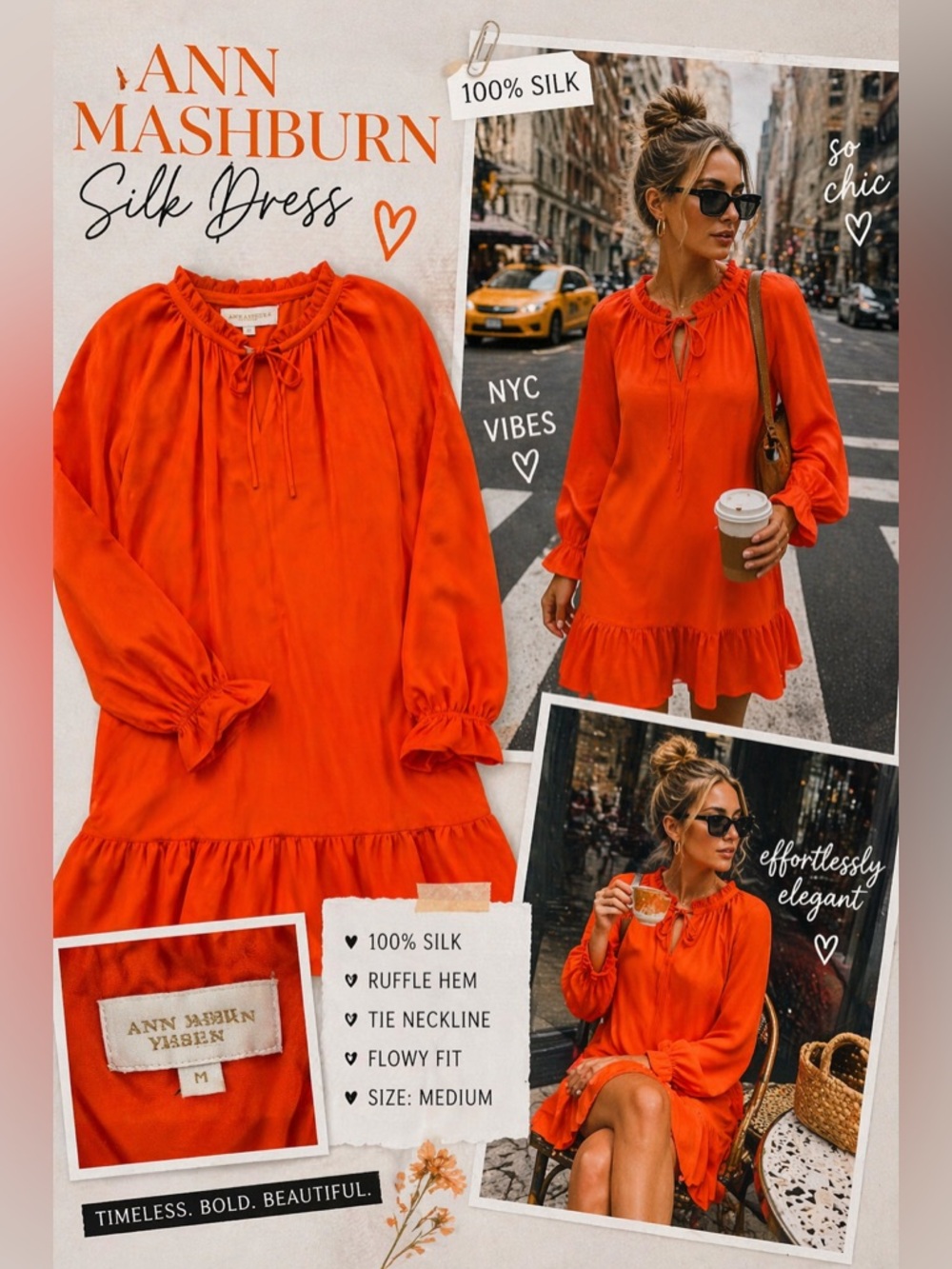 Ann Mashburn 100% Silk Orange Ruffle Hem Dress Size M